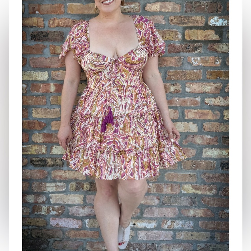 NWT Dress Forum Floral Tiered Puff Sleeve Milkmaid Tassel Tie Mini Dress - M